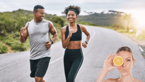 Man and his partner jogging and looking at each other smiling: woman with a sliced orange looking at it with one of her eyes